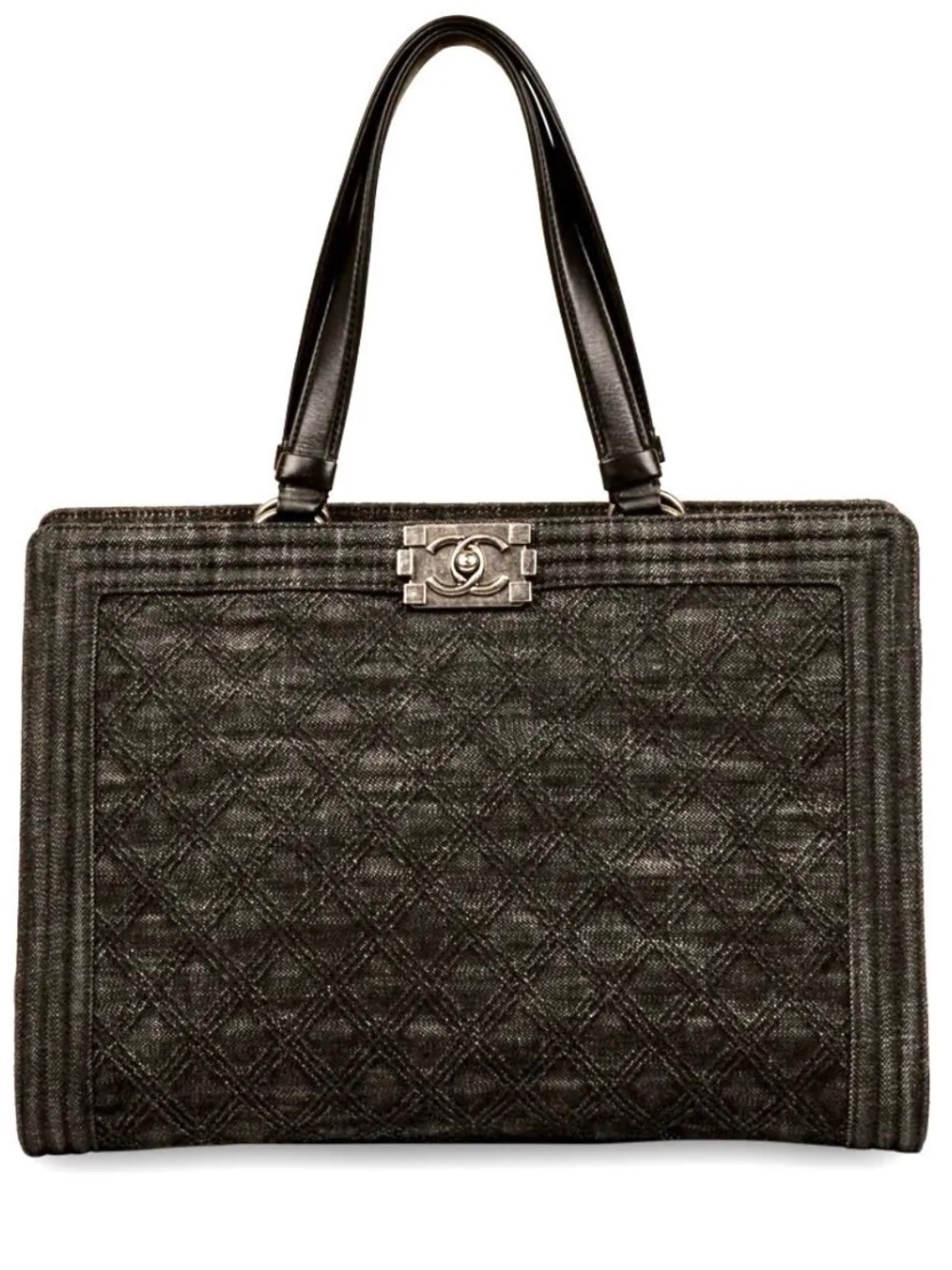 CHANEL Black Quilted Denim Boy Bag Tote with Silver CC Hardware